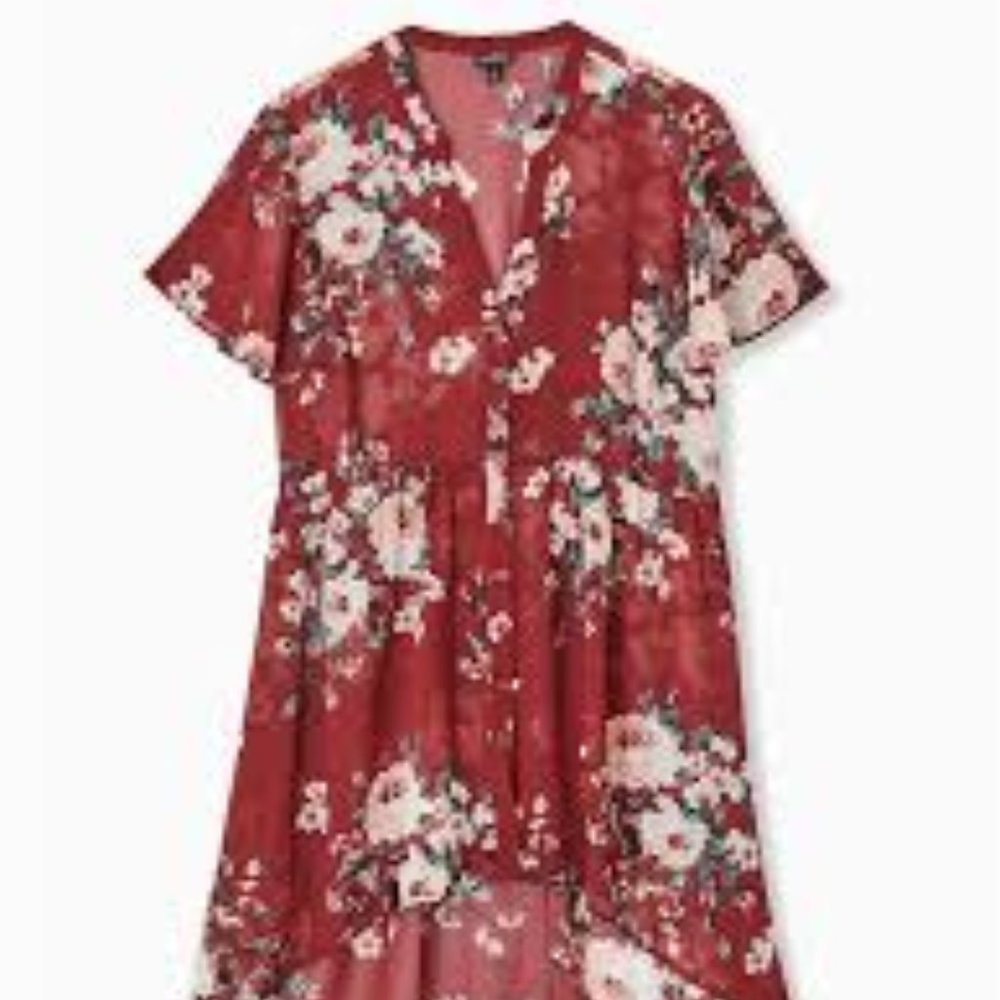 LEXIE - BRICK RED FLORAL CHIFFON HI-LO BABYDOLL TUNIC
